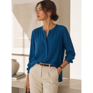 J Jill Silk Blouse Large Teal Blue Minimalist Quiet Luxury Capsule Wardrobe
